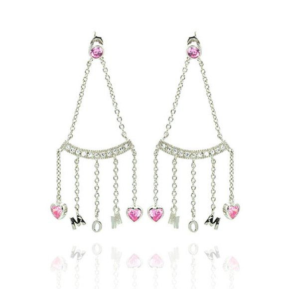 925 Silver Dangling CZ Hearts MOM Earrings - Picture 1 of 8